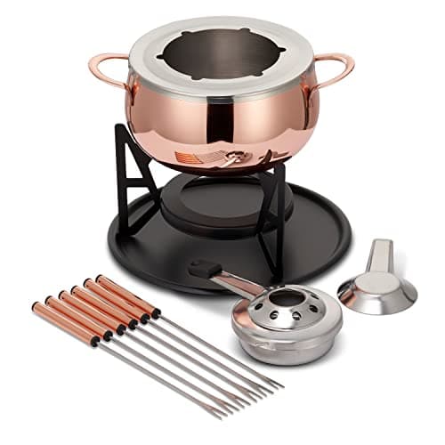 Image of Oak & Steel - Stainless Steel Rose Gold Fondue Gift Set for Cheese, Chocolate, Meat Broth with Forks - 6 Person