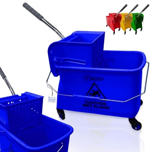Image of Kentucky Floor Mop Bucket on Wheels - Large Capacity Commercial Industrial Floor Mop Bucket with Wringer and Carry Handle - Ideal for Warehouse, Hotel, Office, School Use - Blue