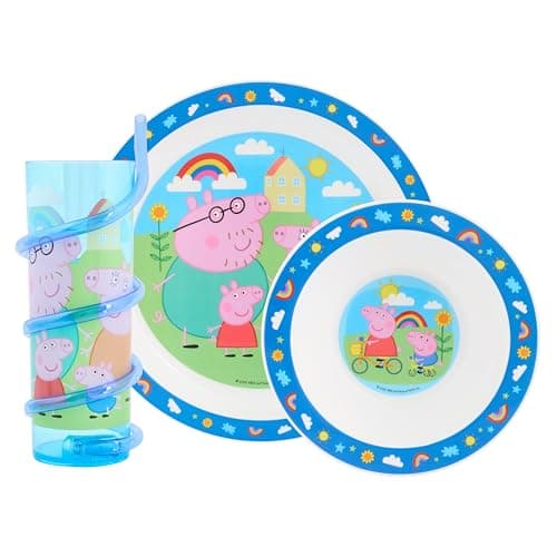 Image of Peppa Pig Hooray Tableware Set for Kids – Includes Plate, Bowl, and Twisty Straw Tumbler Featuring Peppa, George, Daddy Pig & Mummy Pig 48 Months Up, Blue