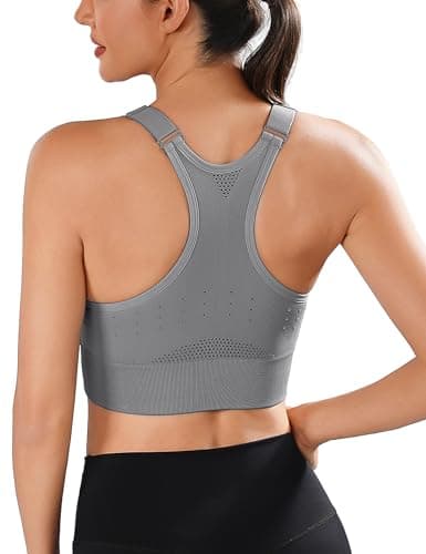 Image of Litherday Women's Sports Bra High Impact Racer Back Breathable Mesh Support Bra Wireless Adjustable Removable Padding Running Gym Yoga Crop Tops Grey L