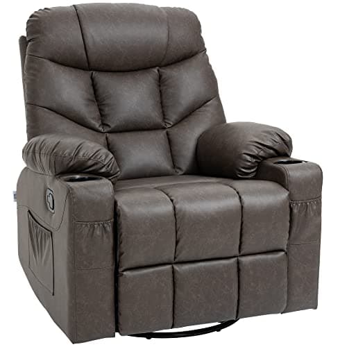 Image of HOMCOM Recliner Armchair, Swivel PU Leather Manual Reclining Chair with Adjustable Leg Rest, Drink Holders, Side Pockets, Rocker Chair for Home Living Room, Dark Brown