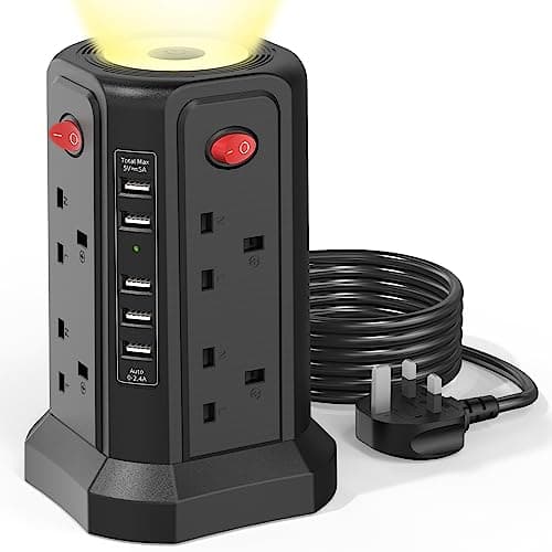 Image of Tower Extension Lead with USB Slots and Night Light, (13A 3250W)5 USB Ports & 8 Way Socket Extension Tower, Surge Protected Extension Lead with 4 Switches, 1.8M Extension Cable for Home, Office