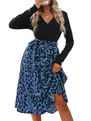Image of CUPSHE Women's Maxi Dress V Neck Long Sleeve Tie Belt A-Line Casual Dress Party Cocktail Midi Skater Dress Blue Leopard XL