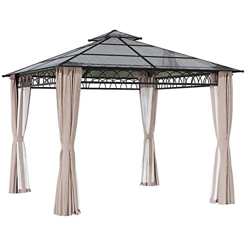 Image of Outsunny 3 x 3 (m) Outdoor Polycarbonate Gazebo, Double Roof Hard Top Gazebo with Galvanised Steel Frame, Nettings & Curtains for Garden, Lawn, Patio and Deck, Khaki