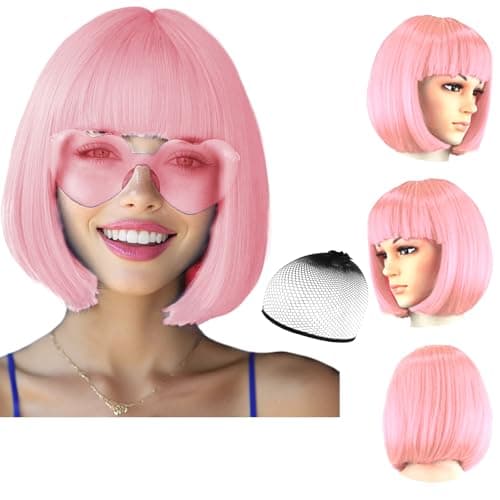 Image of Party Wigs Wig Cap and Sunglass Set,Short Bob Hair Wigs Straight with Flat Bangs Synthetic Colorful Cosplay Daily Party Neon Wig for Women (Light pink)