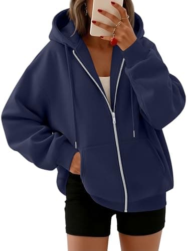 Image of Trendy Queen Womens Zip Up Hoodies Oversized Sweatshirts Fall Fashion Outfits Casual Jackets 2025 Winter Clothes, Navy Blue, Large