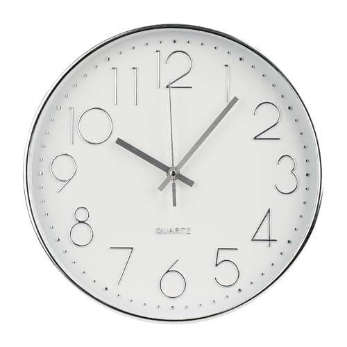 Image of bakbrand Wall Clock Non-Ticking Silent Modern Simple Style Round Decor Clock Stereoscopic Dial Quartz Wall Clocks for Home/Office/School/Living Room/Bedroom/Kitchen (Silver, 8inch)
