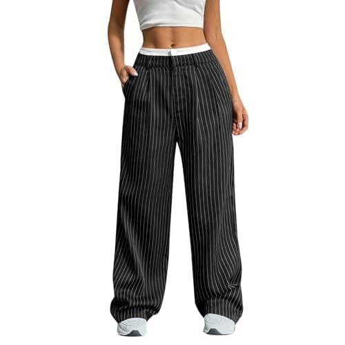 Image of Women's Dark Green Pinstripe Wide Leg Pants High Waist Baggy Trousers, Lightweight Flowy Fabric, Casual Loose Fit Pants with Pockets for Daily & Office Outfits Pant (Black, XL)