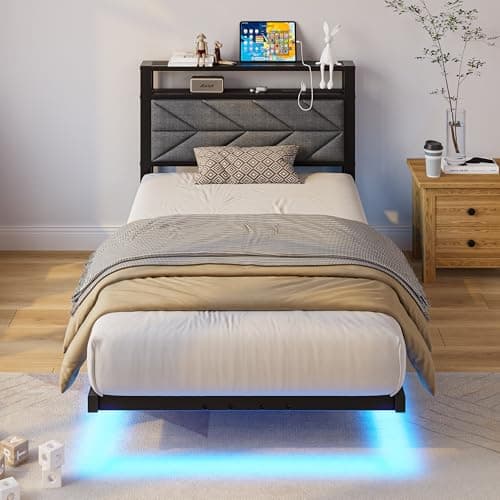 Image of VERFARM 3ft Floating Single Bed Frame Upholstered Platform Bed with Storage Shelf Headboard,Charging Station/LED Lights,Metal Slat Support/Noise Free,No Box Spring Needed,90x190 Single Size,Black