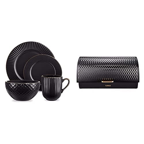 Image of Tower T867002BLK Empire 16 Piece Dinnerware Set, Stoneware, Black and Brass & T826090BLK Empire Roll Top Bread Bin, Stainless Steel, Black and Brass, One Size