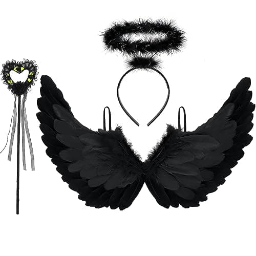 Image of Newthinking Angel Wings and Halo for Adults Kids, Black Feather Wings Halloween Angel Fairy Costume Cosplay for Women Girls, 65x35cm