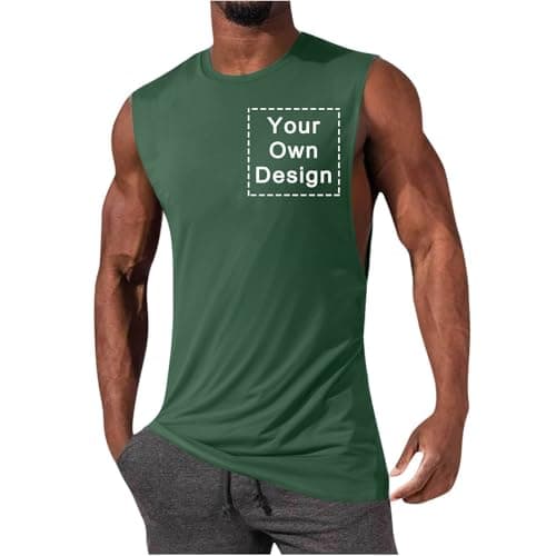 Image of Personalised Tank Top Mens Custom Shirts Sleeveless Customised Tops Printing Shirt with Photo Print Your Own T Shirt Workout Training Vest Top Customisable Round Neck Tank Tops Cotton Army Green M