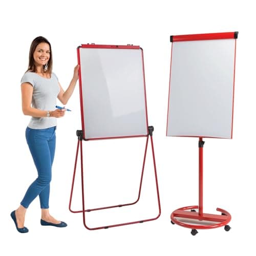 Image of Metroplan Flipchart Easel Value Pack of 2, Mobile Magnetic Dry wipe Whiteboard |Height-Adjustable- for School, Office, Corporates, Training, (1 RED loop leg & 1 RED mobile easel)