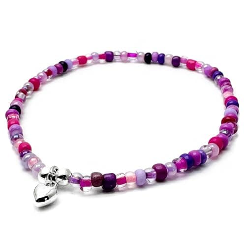 Image of Heart Charm Beaded Anklet, Pink and Purple Glass Seed Bead Mix with Silver Tone Charm : Size M/L 10 inches, Beach Boho Surfer Love Jewellery for Women
