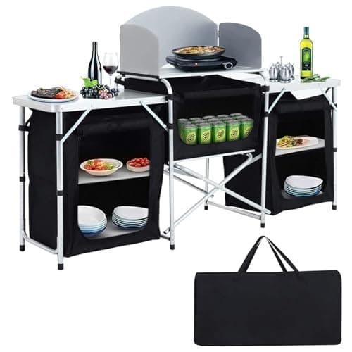 Image of Warmiehomy Folding Camping Storage Cupboard Portable Camping Kitchen Unit with Aluminium Frame, 3 cupboards+1 panel, Black, 175×40×110cm