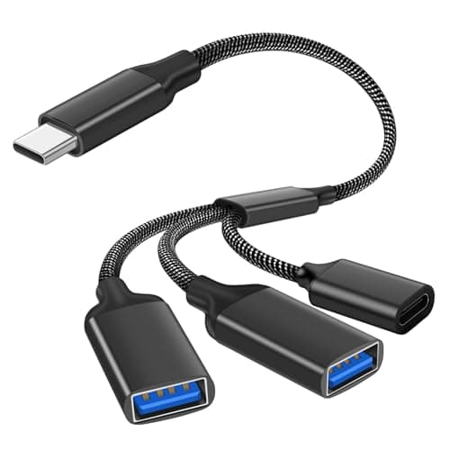 Image of AXFEE USB C Male to Dual USB-Female Cable Adapter, 3 in 1 USB-C Male to 2 Port USB-Female and 1 Port Type-C female, Data Power Charging Extension Cord Converter, for Laptop, Mac, Car, Tablet (Black)