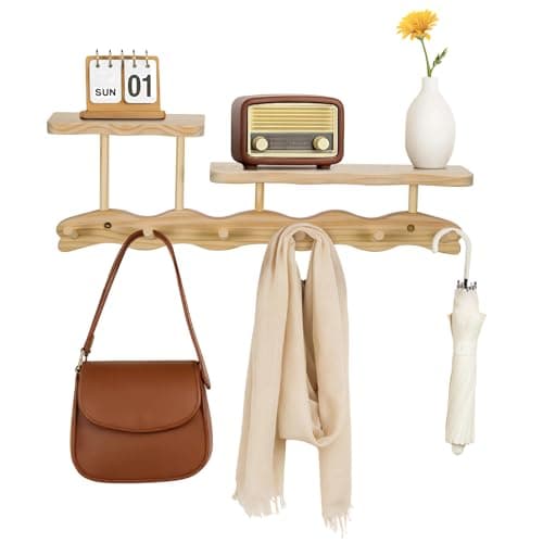 Image of FERNVALE Wall-Mounted Bamboo Coat Rack with 2 Shelves – Elegant Wavy Design, Large Hanger with 6 Heavy-Duty Hooks, Perfect for Entryway, Living Room, Bedroom or Study (Wood)