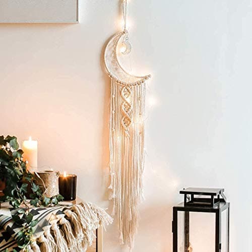 Image of Dremisland Macrame Wall Hanging with LED Light Bohemian Moon Dream Catcher Woven Tapestry Handmade Dreamcatcher with Tassel for Wedding Party Ornaments Craft Gifts Ramadan Decorations