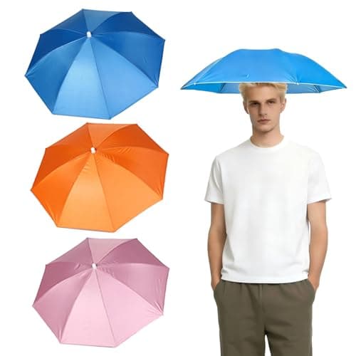 Image of QyueQyat Three Pack Umbrella Hat, Head Umbrella for Outdoor Activities, Hands-Free Sun Protection, Lightweight and Adjustable Design, Available in Sky Blue, Pink and Orange