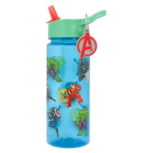 Image of Marvel Avengers Water Bottle with Straw, Blue, 500ml, Polypropylene, with Keyring Charm Featuring Hulk, Captain America, Thor, Iron Man, Black Panther