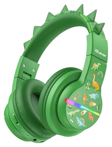 Image of iClever BTH12 Kids Bluetooth Headphones,Colorful LED Lights Wireless Kids Headphones,74/85dBA Safe Volume,85H Playtime,Bluetooth 5.2,Over Ear Dinosaur Headphones Built-in Mic for iPad/Tablet/Airplane