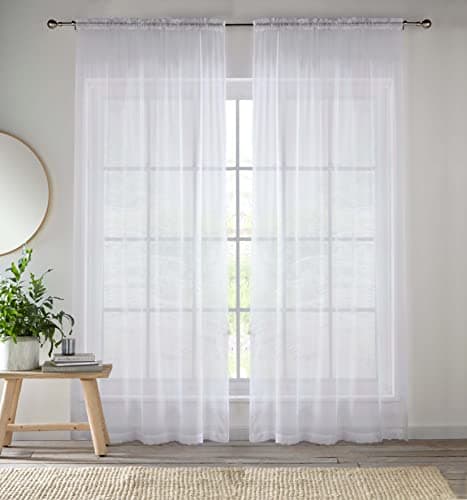 Image of Enhanced Living White Voile Curtains for Living Room Panel Pair - 57 Wide x 54 Drop - Plain Woven Slot Top Sheer Curtains (57"x54") 145x137cm
