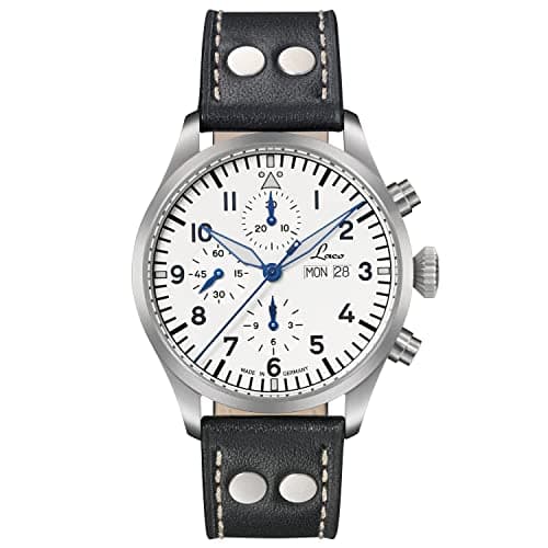 Image of Laco Chronograph Kiel.2 High-Quality Automatic Watch, 43 mm Diameter, Waterproof, Made in Germany, White leather strap, Strap.