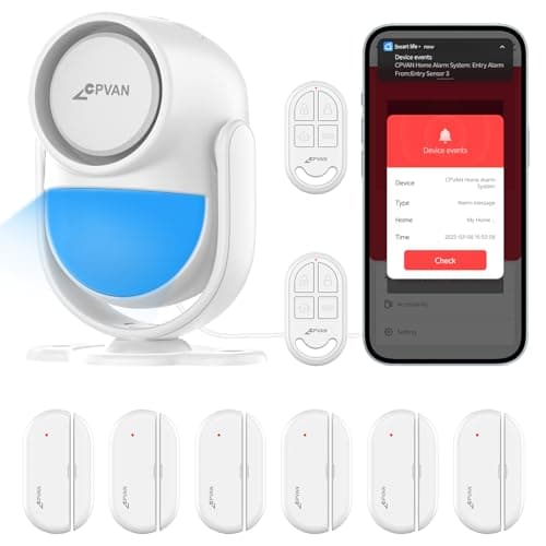 Image of CPVAN Home Alarm System with PIR Motion Sensor, WiFi Wireless DIY Smart Door/Window Alarm for Home Security with Phone APP Alert 9 Pieces-Kit (Indoor PIR Alarm Host, 6 Door Sensors, 2 Remotes)