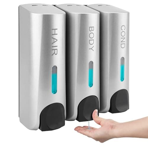 Image of MEKOTRIN Soap Dispenser Bathroom Shampoo and Conditioner Dispenser Wall Mounted 350ML Container for Shower Gel Washing Up Liquid ABS Bathroom Accessories Set of 3(Silver)