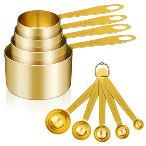 Image of Cuteefun Measuring Cups and Spoons Set of 9, Stainless Steel Handle with Metric and US Measurements, Golden Polished Finish, Dry & Liquid Ingredient Measuring Cup for Baking and Cooking (Gold)