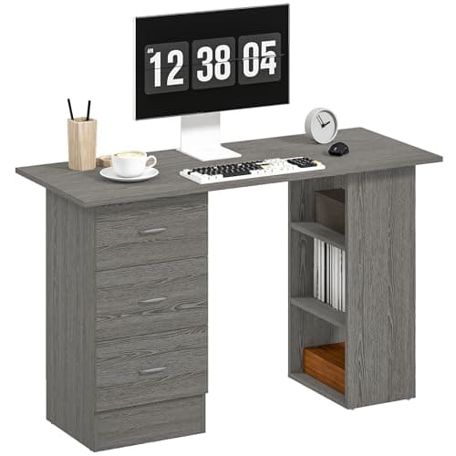 Image of HOMCOM Computer Desk with Drawers, Home Office Desk, Writing Table, PC Workstation with 3 Storage Shelves for Working, Study, 120 x 49 x 72 cm, Grey