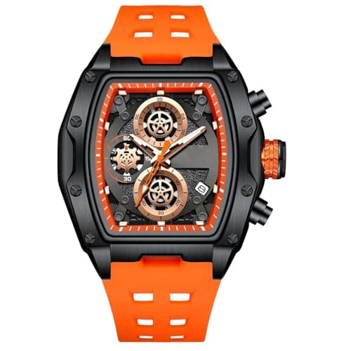 Image of RORIOS Tonneau Watches for Men Fashion Multifunctional Watch Men's Analogue Quartz Wrist Watch Punk Chronograph Wristwatch with Silicone Strap Black B