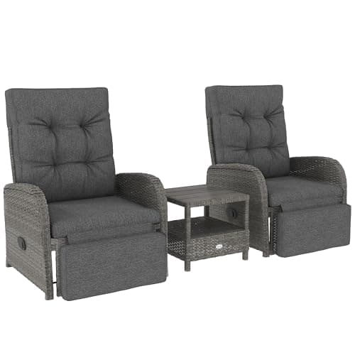 Image of Outsunny 3 Pieces Rattan Bistro Set, Wicker Balcony Furniture Set with Reclining Sun Loungers, 2-Tier Coffee Table and Cushions, 2 Seater Garden Furniture for Outdoor Patio Balcony, Grey