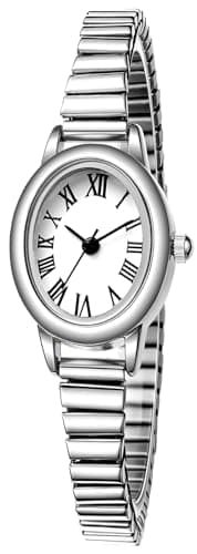 Image of BESTKANG Women's Small Gold-Tone Watch - Vintage Oval Roman Numeral Dial, Quartz Movement, Stainless Steel Expansion Band, Water Resistant (2 Sizes), Silver, 6.7in-7.49in, Vintage-Inspired