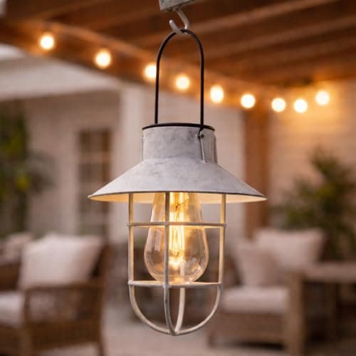 Image of Festive Lights - 21cm Solar Grey Fisherman Hanging Lantern with Warm White Filament Effect LED - Antique Rustic Metal Look, IP44 Rated, Outdoor Decorative Garden Light - Integrated Panel, Cage Finish