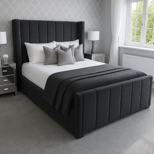 Image of Innovative Luxury Chesterfield Wiinged Bed Frame - Upholstered in Plush Velvet with Mattress/Gas Lift Options - UK Made (Black Plush, Double 4ft6 Bed Frame)