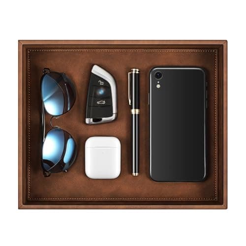Image of SITHON Valet Tray Desk Organizer, PU Leather Catchall Bedside Vanity Tray Nightstand Caddy Coin Box Key Jewelry Storage Organizer, Valentine's Day Gift, Brown