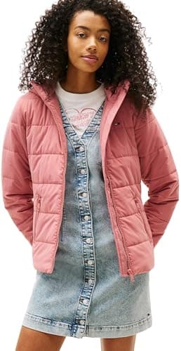 Image of Tommy Jeans Womens Tjw Slim Lw Hooded Padded Dw0dw20959 Puffer Jacket, Pink (Tahiti Berry), S UK