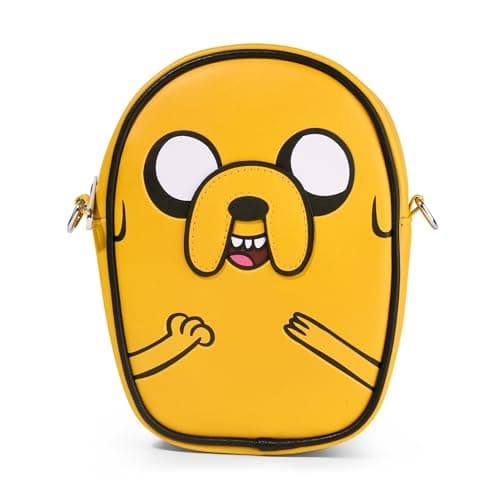 Image of Adventure Time Vegan Leather Crossbody Bag with Adjustable Strap, Adventure Time Jake Character Close Up Yellow, Stripe Black White, 7" x 8"