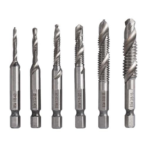 Image of FOCMKEAS 6 PCS Combination Drill and Taps Bit Set, BSW HSS 4341 1/8-40, 5/32-32, 3/16-24, 1/4-20, 5/16-18 and 3/8-16 Threaded Drill Tap Set with 1/4" Hex Shank for Drilling Tapping Countersinking