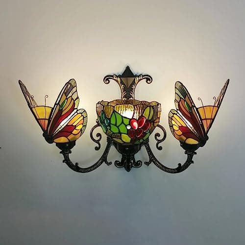 Image of WDBZTJ Tiffany Style Wall Sconce, Blue Butterfly Stained Glass Bedside Wall Lamp for Living Room Bedroom Bathroom Hallway Decorative (E27 *3 Bulb),22