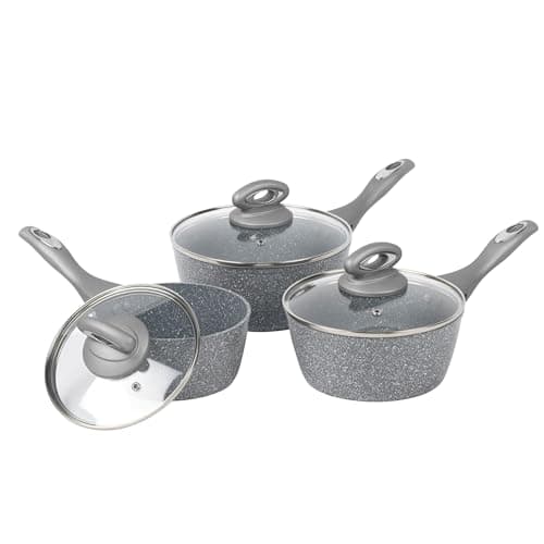 Image of Salter BW02986GEU7 Marblestone 3 Piece Saucepan Set – 16cm, 18cm, 20cm Pans, Non-Stick, Tempered Glass Lids, PFOA-Free, Corrosion Resistant Forged Aluminium, Suitable for All Hobs, Dishwasher Safe