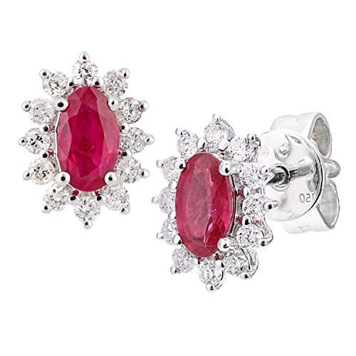 Image of Jewelco London 18ct White Gold Round 1/4ct Diamond Oval 0.55ct Ruby Cluster Stud Earrings