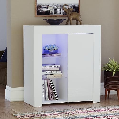 Image of Vida Designs Azura 1 Door Modern LED Sideboard in White, RGB Lights (Fade/Strobe Options Included), High Gloss