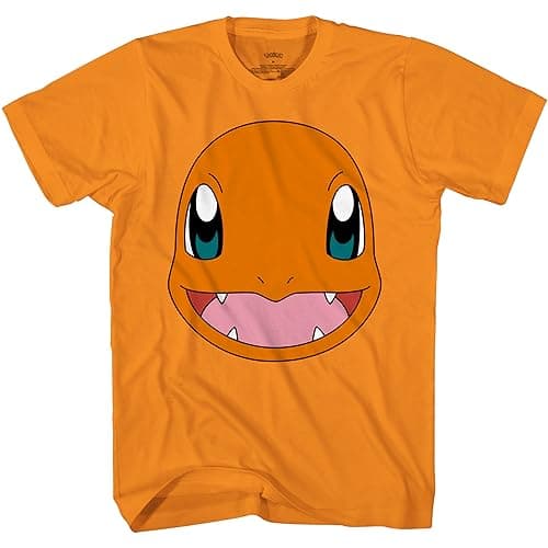 Image of Pokemon Big Face Charmander Pikachu Squirtle Bulbasaur Psyduck Snorlax Adult T-Shirt, Orange, Medium