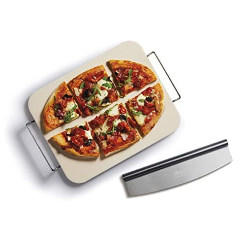 Image of KitchenCraft World of Flavours Rectangular Ceramic Pizza Stone and Rocking Pizza Cutter Set, 2 Pieces