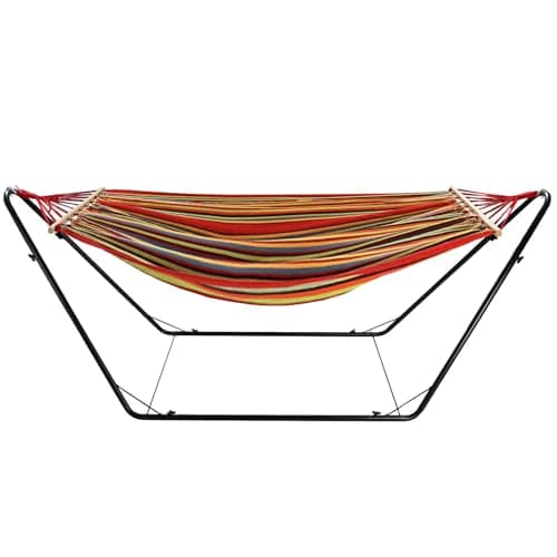 Image of Actiasgear - Garden Hammock with Sturdy Metal Stand | 200cm x 100cm, Multi-Coloured, Outdoor & Indoor Use