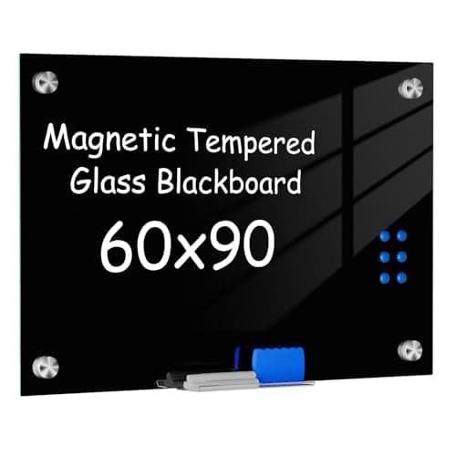 Image of pofluany 90x60cm Glass Magnetic Board for Wall, Premium Magnet Notice Boards & Large Whiteboard, Display Boards for Fridge Magnets, Notes & Photos, Home Office Accessories Black