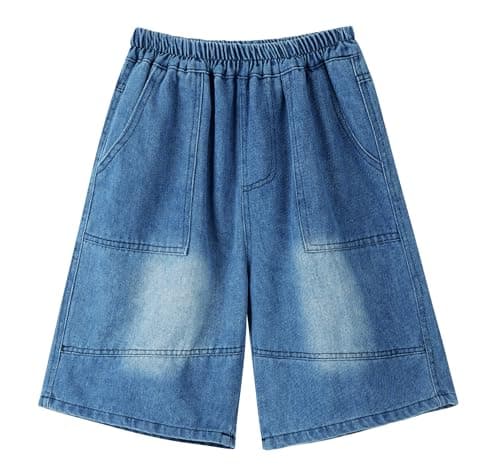Image of Maeau Boys Denim Shorts Kids Baggy Jeans Straight Elastic Waist Pants Knee Length Summer Trousers 14-15 Yeras Deep Blue
