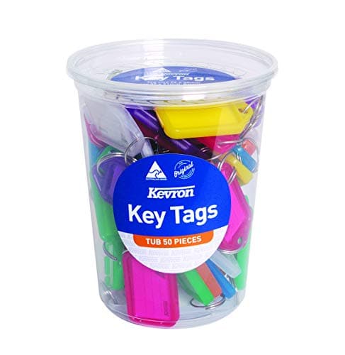 Image of Kevron 56x30mm Assorted Colour Key Tags with Labels Pack of 50 for Identification, Security, Luggage, Pet Names, Memory Sticks, Home & Office